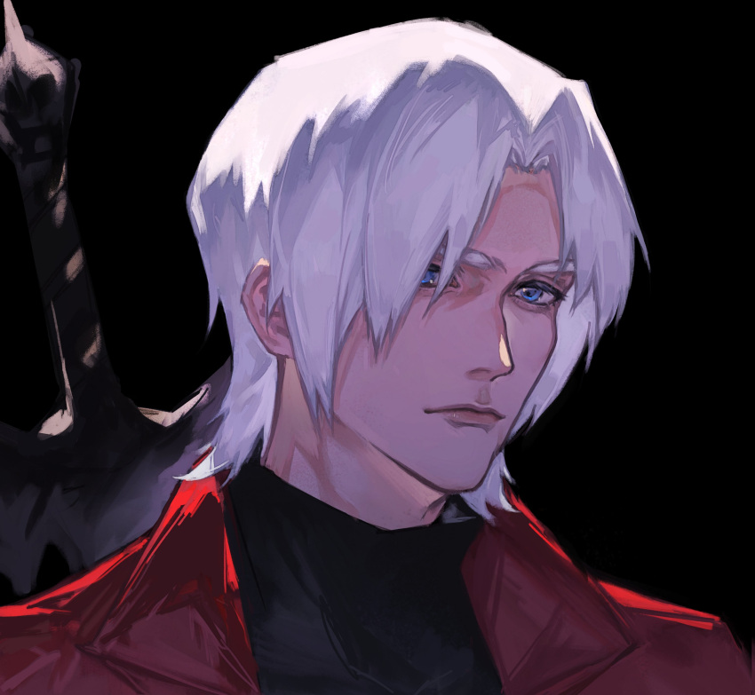 1boy, absurdres, black_background, black_shirt, blue_eyes, closed_mouth, coat, dante_(devil_may_cry)