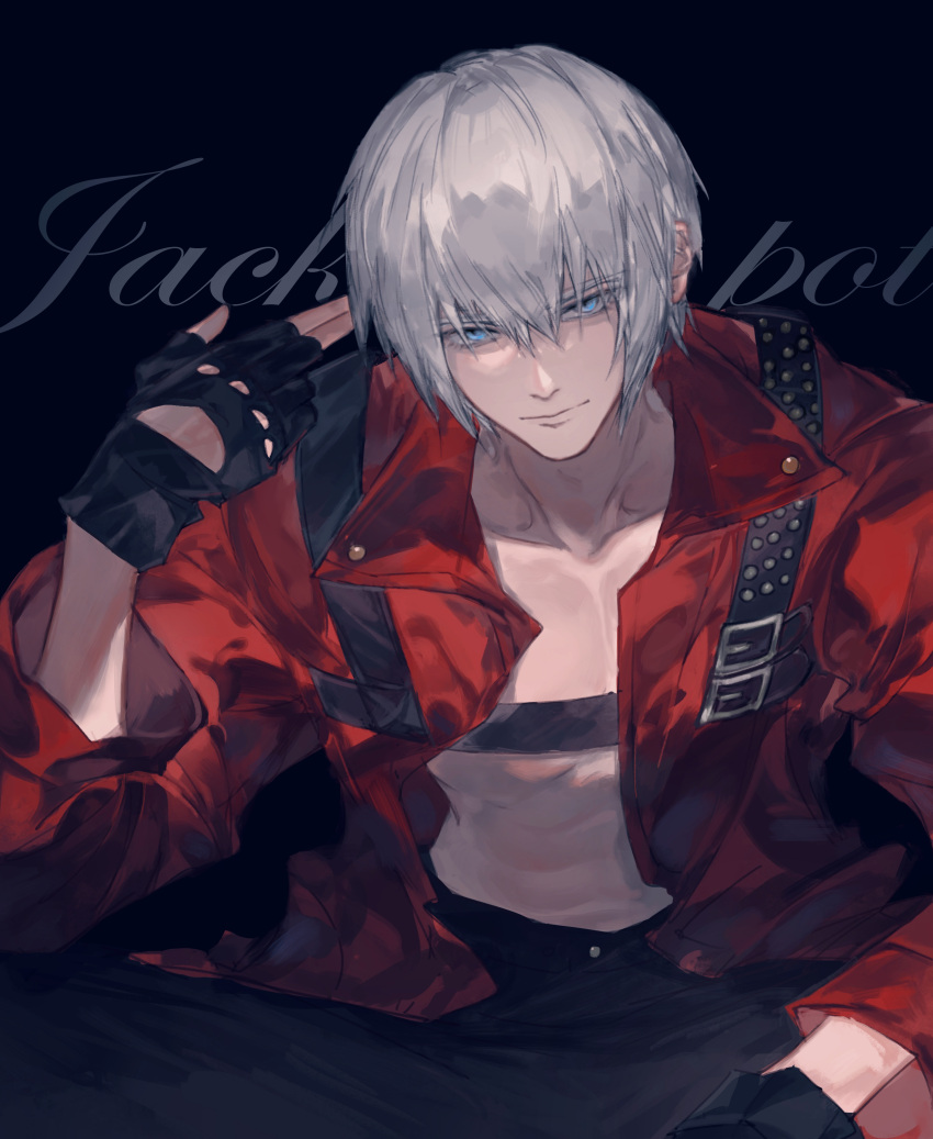 1boy, absurdres, black_background, black_gloves, black_pants, blue_eyes, chest_strap, closed_mouth