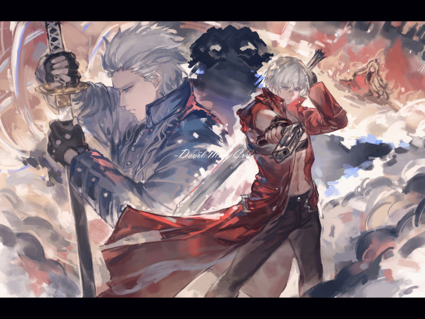 2boys, absurdres, asymmetrical_dual_wielding, black_gloves, black_pants, blue_coat, brothers, chest_strap