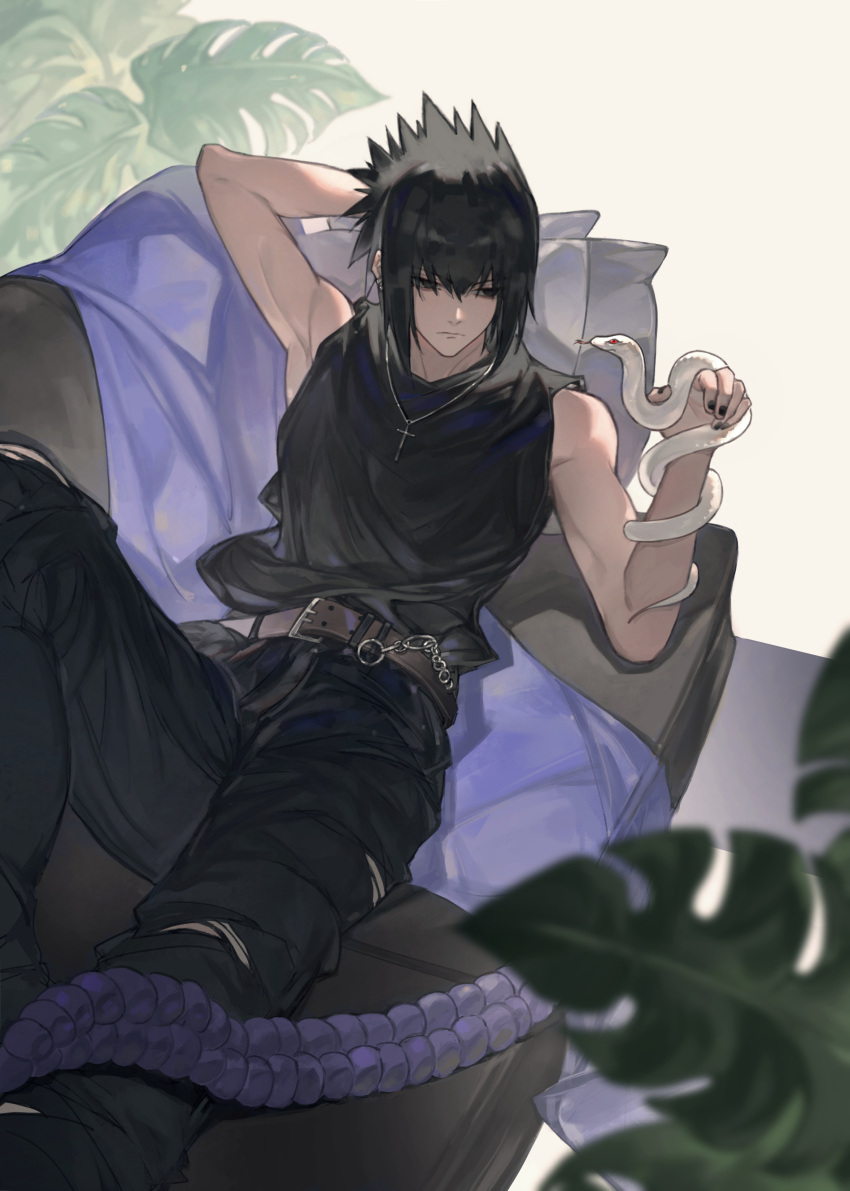 1boy, absurdres, arm_behind_head, bare_shoulders, belt, black_hair, black_pants, black_shirt