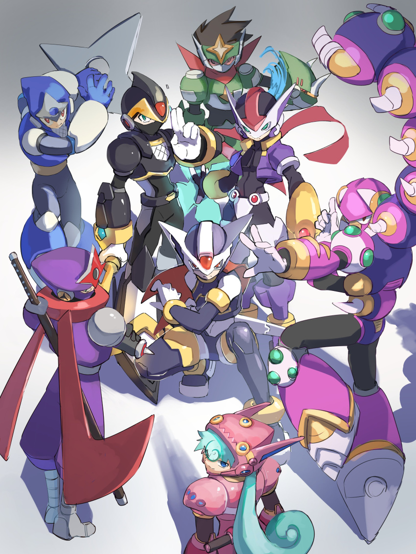 1girl, 6+boys, absurdres, armor, black_armor, black_helmet, blue_armor, blue_eyes