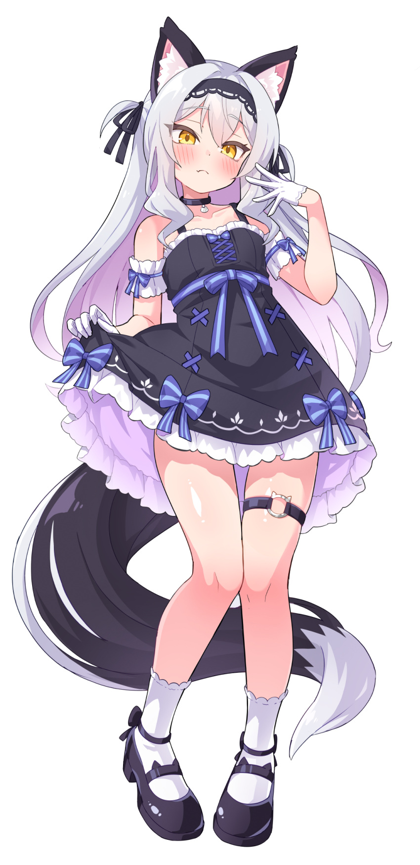 1girl, animal_ears, arm_garter, black_collar, black_dress, black_hairband, black_shoes, collar, dress, fang, fang_out, frilled_dress, frills, full_body, gloves, gradient_hair, grey_hair, hairband, half_gloves, highres, long_hair, looking_at_viewer, mary_janes, multicolored_hair, original, pink_hair, shoes, simple_background, skirt_hold, sleeveless, sleeveless_dress, socks, tail, thigh_strap, two_side_up, ug_(nekonekodou), white_arm_garter, white_background, white_gloves, white_socks, yellow_eyes