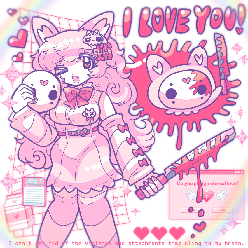 1girl, ;d, absurdres, animal_ears, blood, blood_on_weapon, bow, bowtie