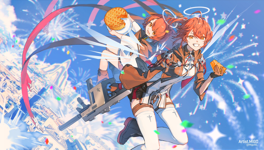 1girl, aged_down, apple_pie, arknights, artist_name, black_gloves, black_jacket, breasts