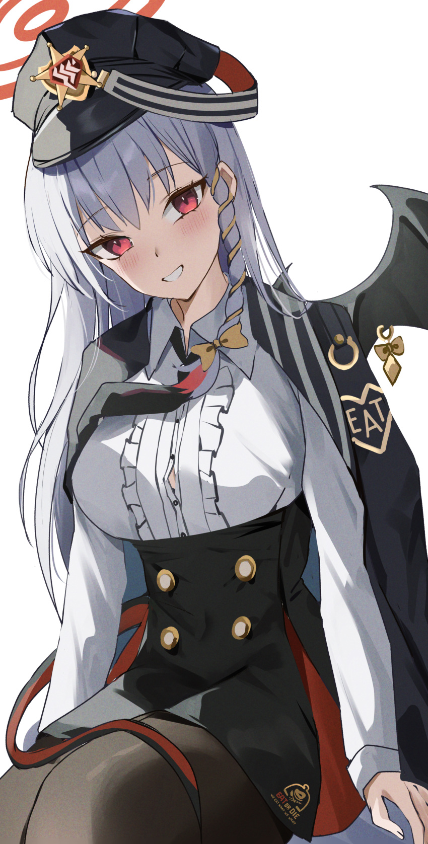 1girl, :d, absurdres, arms_at_sides, black_hat, black_jacket, black_pantyhose, black_skirt