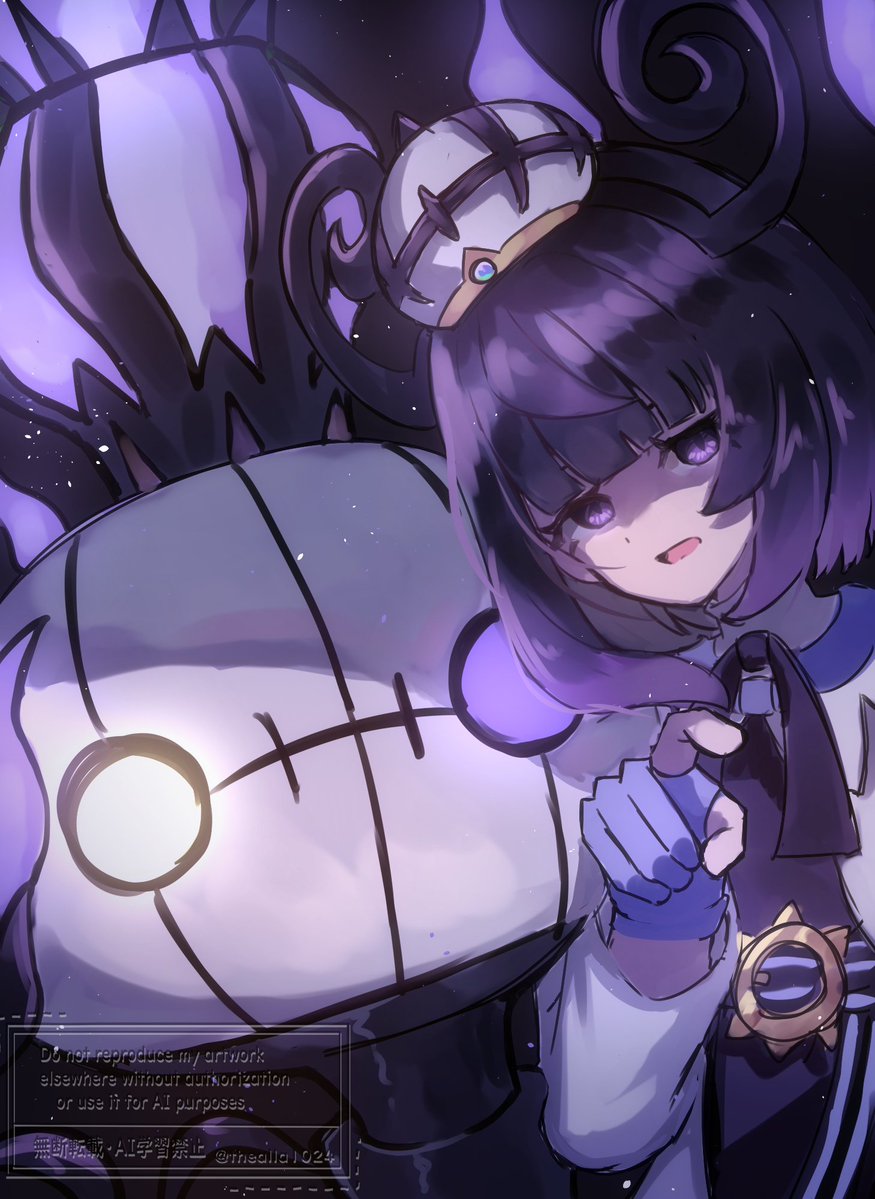 1girl, black_dress, blunt_bangs, chandelure, coat, dress, gloves, gwynn_(pokemon), long_sleeves, looking_at_viewer, open_mouth, partially_fingerless_gloves, pokemon, pokemon_(creature), pokemon_legends:_z-a, purple_gloves, purple_hair, short_hair, thealla1024, upper_body, violet_eyes, white_coat