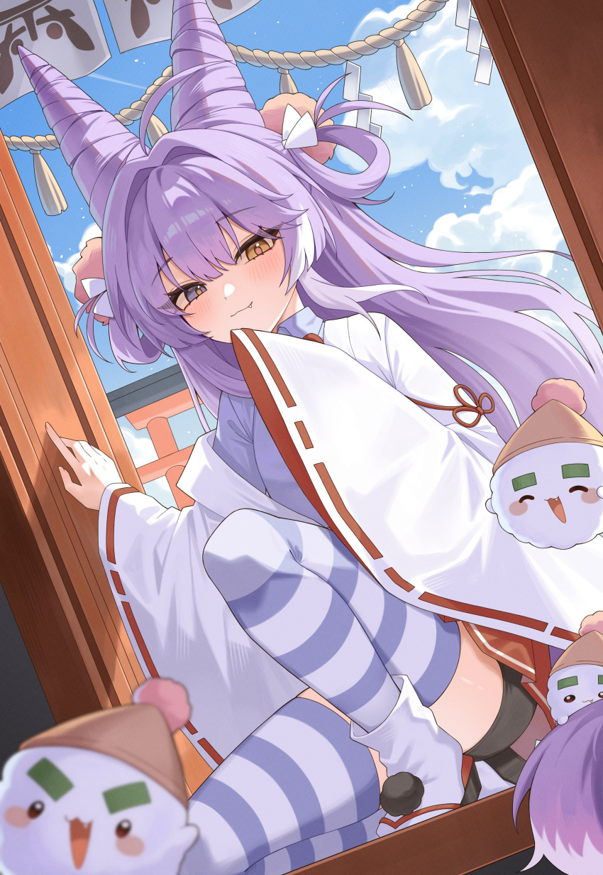 1girl, ^_^, absurdres, ahoge, bike_shorts_under_skirt, blue_eyes, blush_stickers, brown_eyes