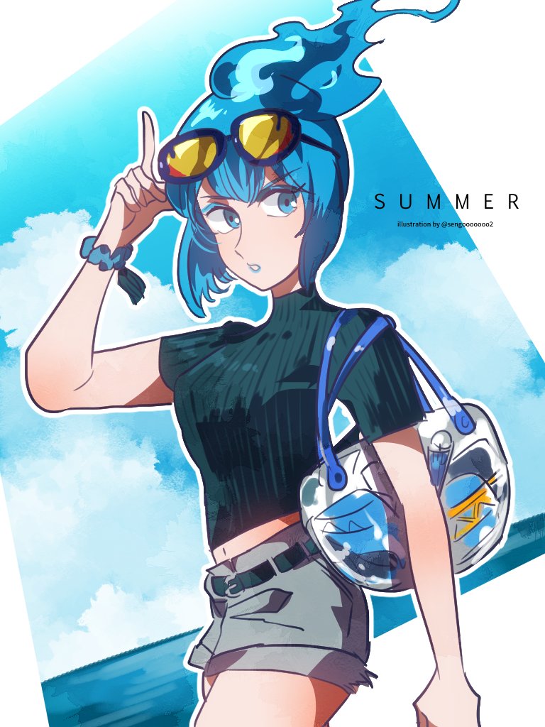 1girl, airagency1005, alternate_costume, animification, blue_fire, blue_hair, blue_lips, disneyland