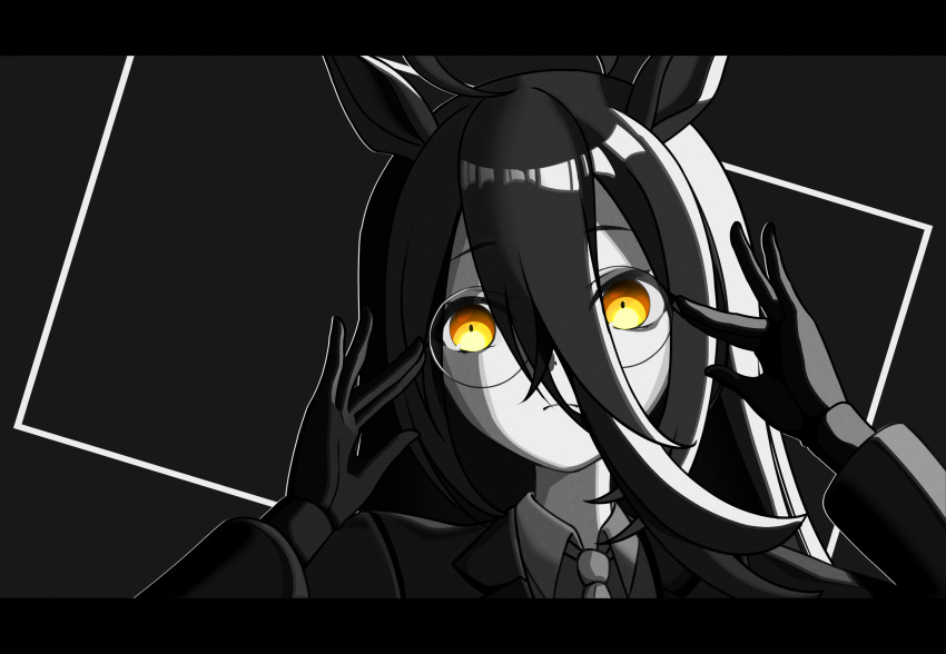 1girl, adjusting_eyewear, ahoge, animal_ears, black_coat, black_gloves, black_hair, black_theme, coat, collared_shirt, glasses, gloves, hair_between_eyes, highres, horse_ears, horse_girl, long_bangs, long_hair, long_hair_between_eyes, long_sleeves, looking_at_viewer, manhattan_cafe_(creeping_black)_(umamusume), manhattan_cafe_(umamusume), necktie, round_eyewear, shirt, solo, spot_color, umamusume, upper_body, wlldsake, yellow_eyes