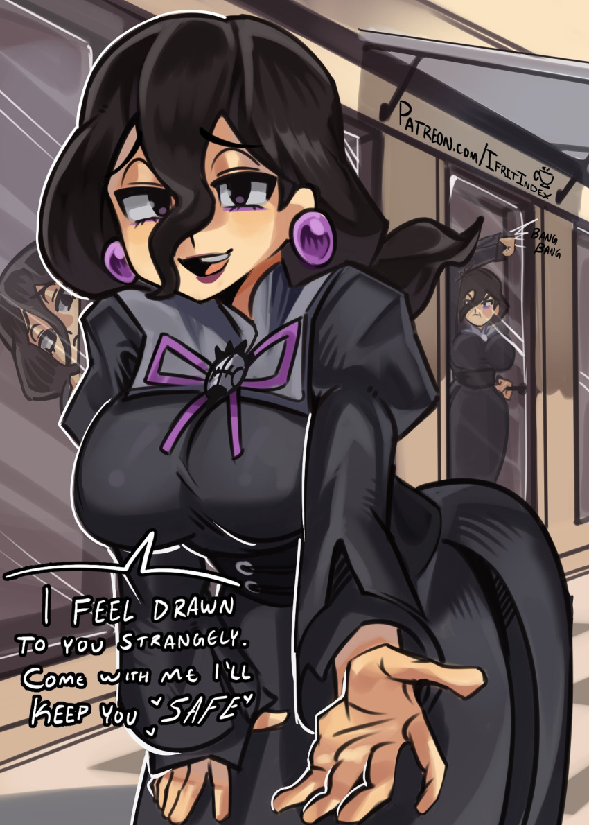 3girls, black_dress, black_hair, breasts, dress, earrings, hair_between_eyes, hex_maniac_(pokemon), hex_maniac_(pokemon_legends:_z-a), highres, jewelry, large_breasts, leaning_forward, long_hair_between_eyes, medium_hair, moxydraws, multiple_girls, open_mouth, pokemon, pokemon_legends:_z-a, reaching, reaching_towards_viewer, smile, violet_eyes