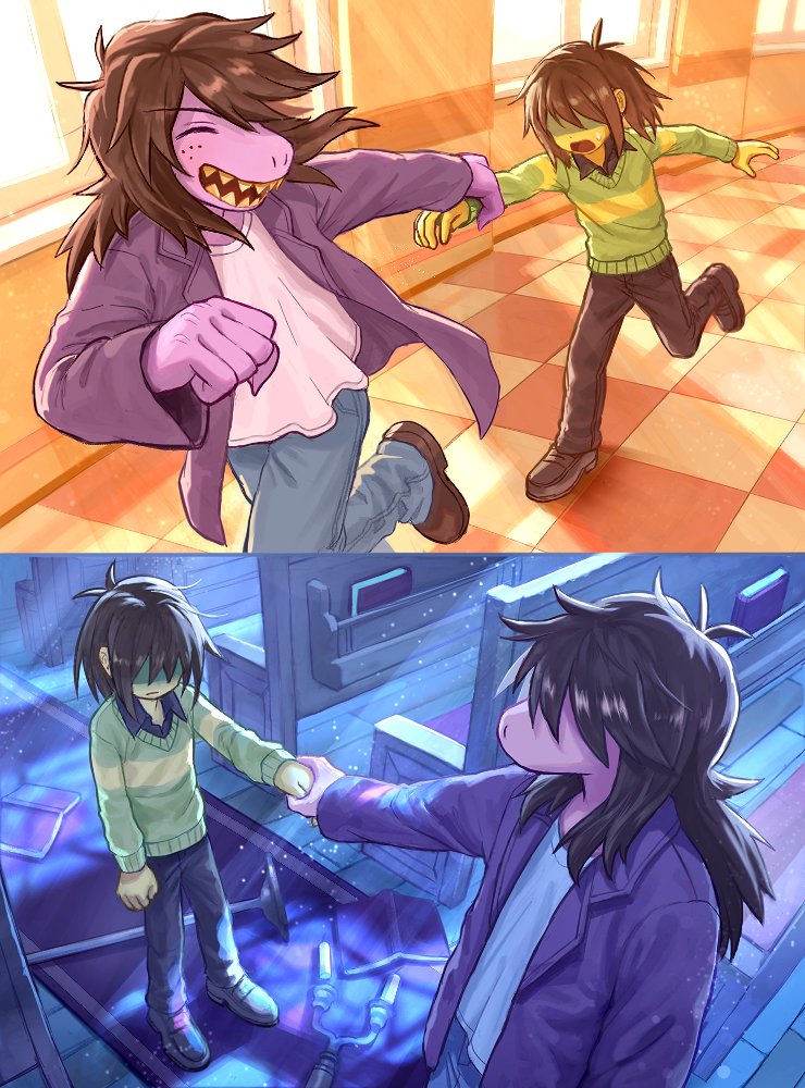 1girl, 1other, ^_^, amber_graygamma, antenna_hair, blue_pants, book, brown_hair, brown_pants, brown_shoes, candlestand, closed_eyes, colored_skin, covered_eyes, deltarune, denim, expressionless, freckles, from_above, green_sweater, holding_another's_wrist, holding_hands, jacket, jeans, kris_(deltarune), light_rays, long_hair, open_mouth, outstretched_arm, pants, pew, pink_skin, purple_jacket, running, shaded_face, sharp_teeth, shoes, short_hair, standing, susie_(deltarune), sweater, teeth, tile_floor, tiles, utdr_(toby_fox)