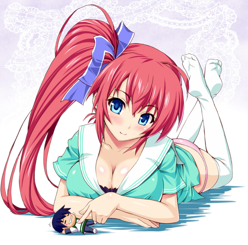 :3, blue_eyes, blush, breasts, cleavage, collarbone, comic_party, crossed_legs_(lying)