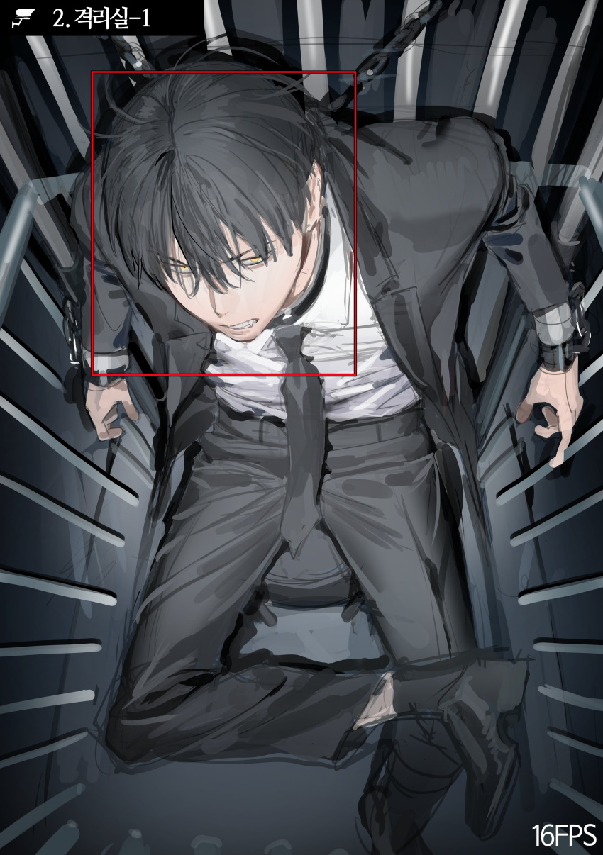 1boy, absurdres, black_necktie, black_pants, chamuring, collared_shirt, cuffs, fang