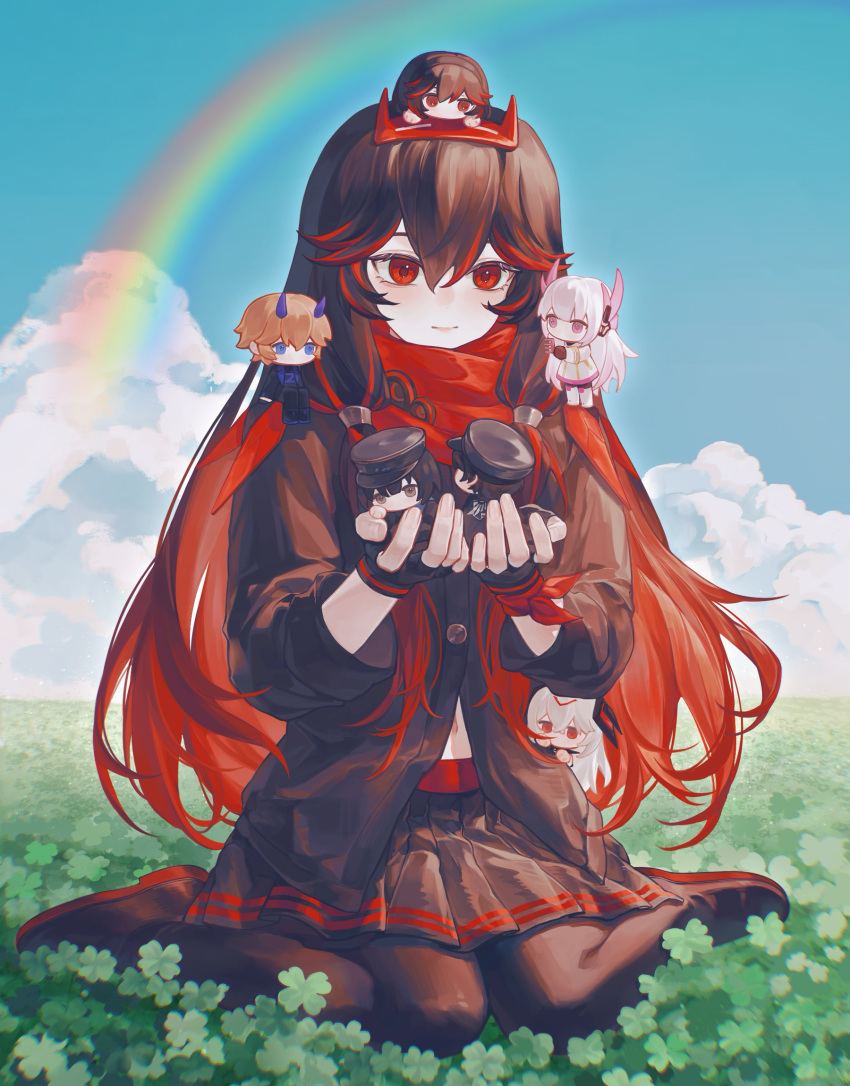 2boys, 4girls, black_gloves, black_pantyhose, black_shirt, black_shoes, black_skirt, blue_sky