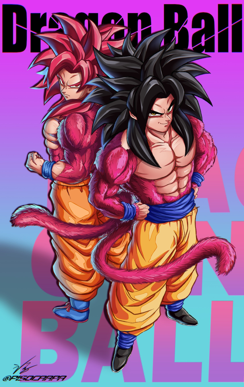2boys, abs, absurdres, black_hair, blue_boots, body_fur, boots, copyright_name, dragon_ball, dragon_ball_daima, dragon_ball_gt, hands_on_own_hips, highres, in-franchise_crossover, male_focus, monkey_tail, multiple_boys, muscular, muscular_male, orange_pants, pants, pisocarpa, purple_background, red_eyes, red_fur, red_hair, red_tail, signature, simple_background, son_goku, super_saiyan, super_saiyan_4, tail, twitter_username, yellow_eyes