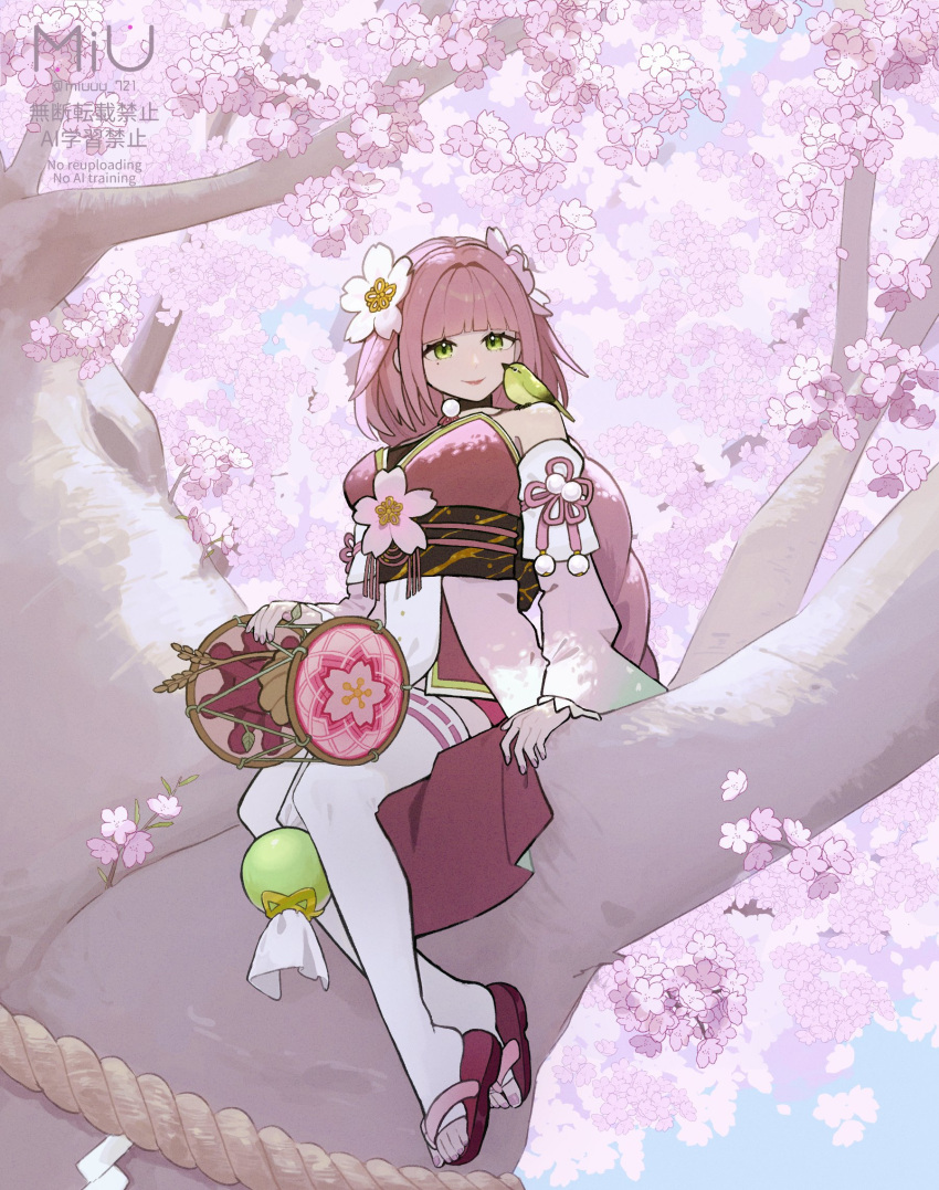 1girl, bare_shoulders, bird, breasts, cherry_blossoms, detached_sleeves, flower, green_bird