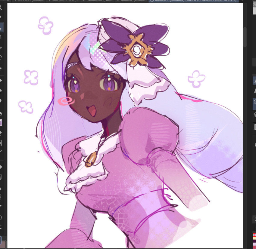 1girl, ascot, baariezz, blush_stickers, dark-skinned_female, dark_skin, dress, fascinator, frilled_ascot, frills, hair_ornament, highres, jacinthe_(pokemon), long_hair, looking_at_viewer, low_drills, open_mouth, pokemon, pokemon_legends:_z-a, purple_dress, purple_hair, sketch, solo, very_dark_skin, violet_eyes