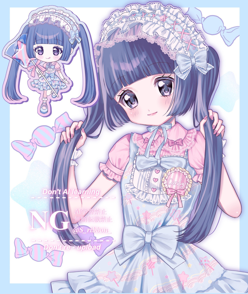 1girl, accurate_lolita_coord, black_hair, blouse, blue_bow, blue_dress, blunt_bangs, blush