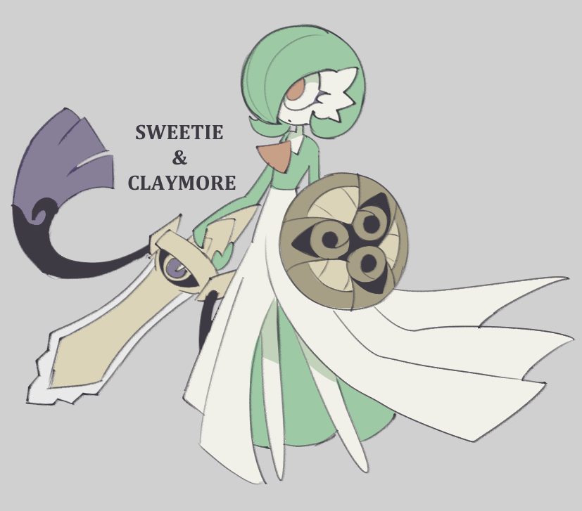 1girl, 2025, aegislash, dress, english_text, eyeliner, gardevoir, grey_background