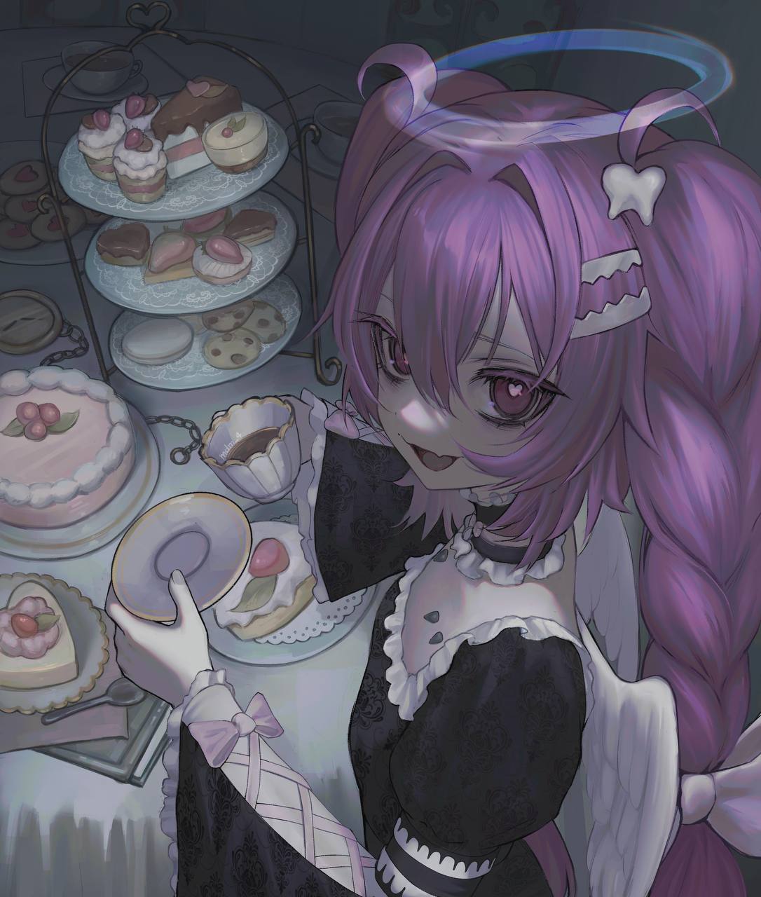 1girl, :d, angel_wings, black_choker, black_dress, bow, braid, cake, cake_slice, choker, collarbone_piercing, cookie, cross-laced_clothes, cross-laced_sleeves, cup, dress, fang, food, frilled_choker, frilled_dress, frills, fruit, hair_between_eyes, hair_bow, hair_intakes, hair_ornament, halo, heart, heart-shaped_pupils, highres, holding, holding_cup, holding_plate, indoors, long_hair, long_sleeves, looking_at_viewer, mdm4, original, pink_eyes, pink_hair, pink_ribbon, plate, pocket_watch, puffy_long_sleeves, puffy_sleeves, razor_blade_hair_ornament, ribbon, smile, solo, spoon, strawberry, sweets, symbol-shaped_pupils, table, tea, tiered_tray, tooth_hair_ornament, twin_braids, watch, white_bow, wide_sleeves, wings