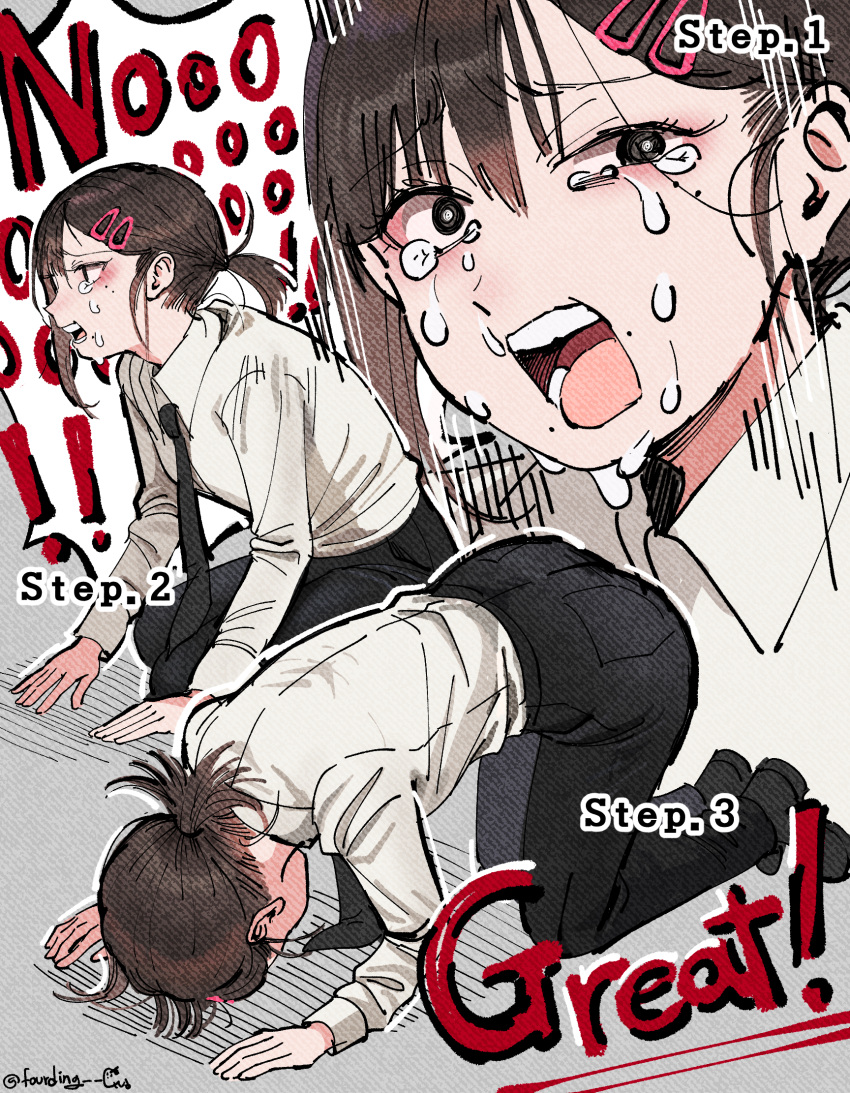 1girl, 4ding, all_fours, black_eyes, black_necktie, black_pants, brown_hair, chainsaw_man, collared_shirt, crying, crying_with_eyes_open, dogeza, hair_ornament, hairclip, higashiyama_kobeni, highres, long_sleeves, mole, mole_on_cheek, mole_under_eye, mole_under_mouth, multiple_moles, necktie, open_mouth, pants, pants_tucked_in, ponytail, shirt, short_hair, short_ponytail, tears, white_shirt