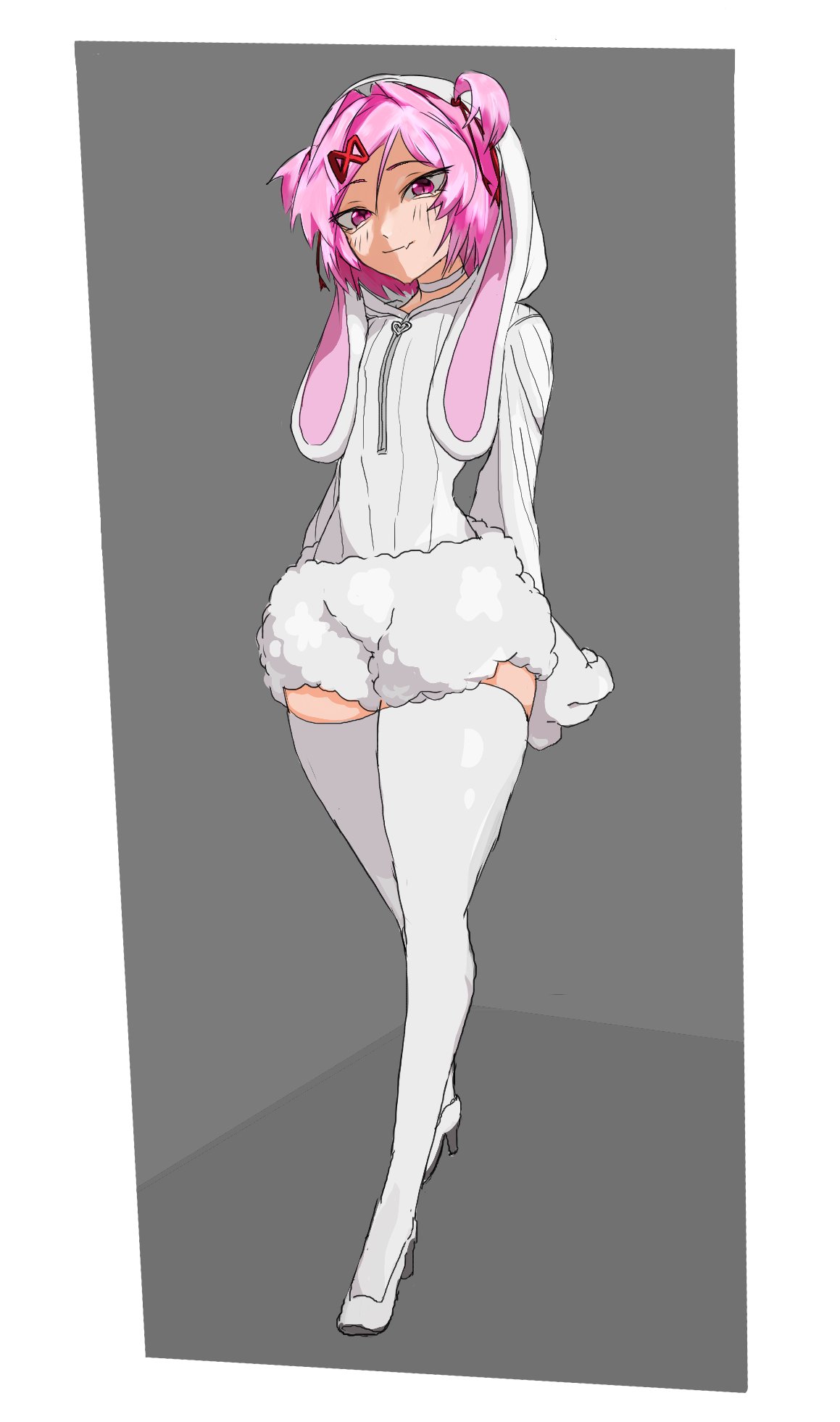 1girl, animal_costume, animal_ears, animal_hood, arms_at_sides, arms_behind_back, blush, bob_cut, border, breasts, choker, closed_mouth, commentary, doki_doki_literature_club, english_commentary, exspiravitbag, fake_animal_ears, fang, floppy_ears, fluffy_clothes, full_body, grey_background, hair_between_eyes, hair_intakes, hair_ornament, hair_ribbon, high_heels, highres, hood, hood_up, hoodie, light_smile, long_sleeves, natsuki_(doki_doki_literature_club), pink_eyes, pink_hair, rabbit_costume, rabbit_ears, red_ribbon, ribbed_sweater, ribbon, shoes, short_hair, short_shorts, shorts, skin_fang, slit_pupils, small_breasts, smile, solo, sweater, swept_bangs, thigh-highs, two_side_up, walking, white_border, white_choker, white_hoodie, white_shoes, white_shorts, white_sweater, white_thighhighs, x_hair_ornament, zettai_ryouiki, zipper