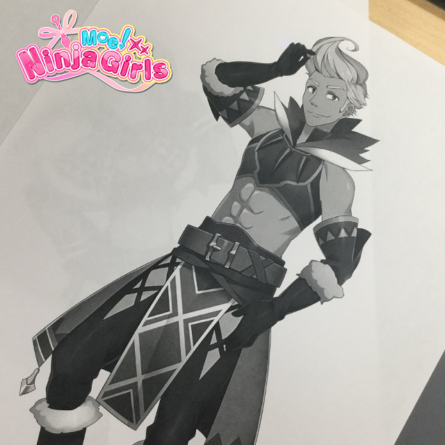 1boy, armor, belt, black_gloves, commentary, copyright_logo, copyright_name, english_commentary, gloves, greyscale, john_spicer_(moe!_ninja_girls), logo, male_focus, midriff, moe!_ninja_girls, monochrome, official_art, pants, pelvic_curtain, short_hair, solo