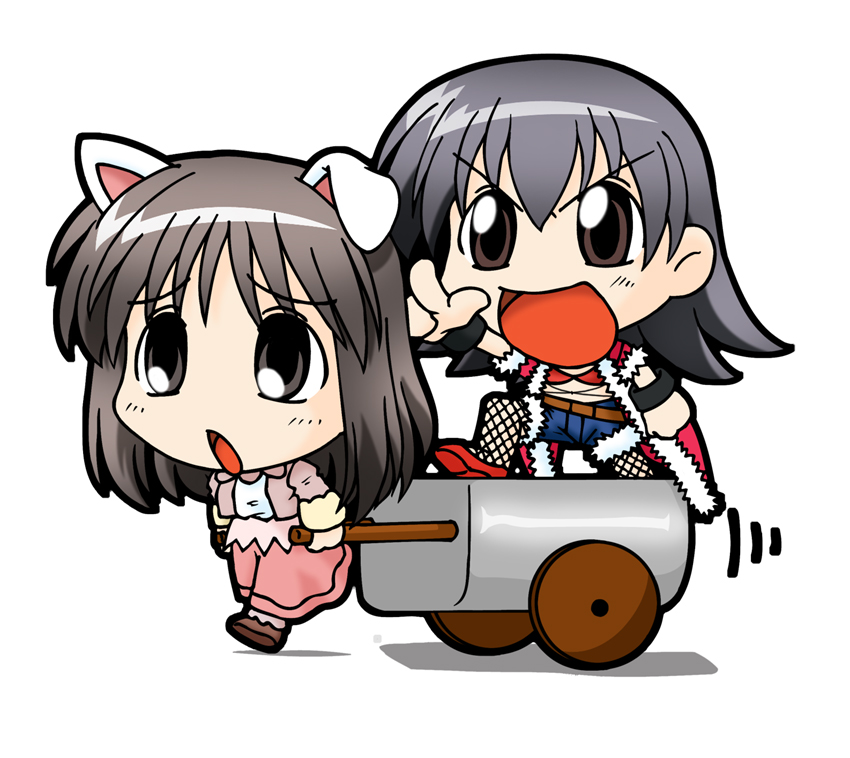 2000s_(style), 2girls, :d, animal_ears, azumanga_daioh, black_pantyhose, blue_shorts, brown_eyes