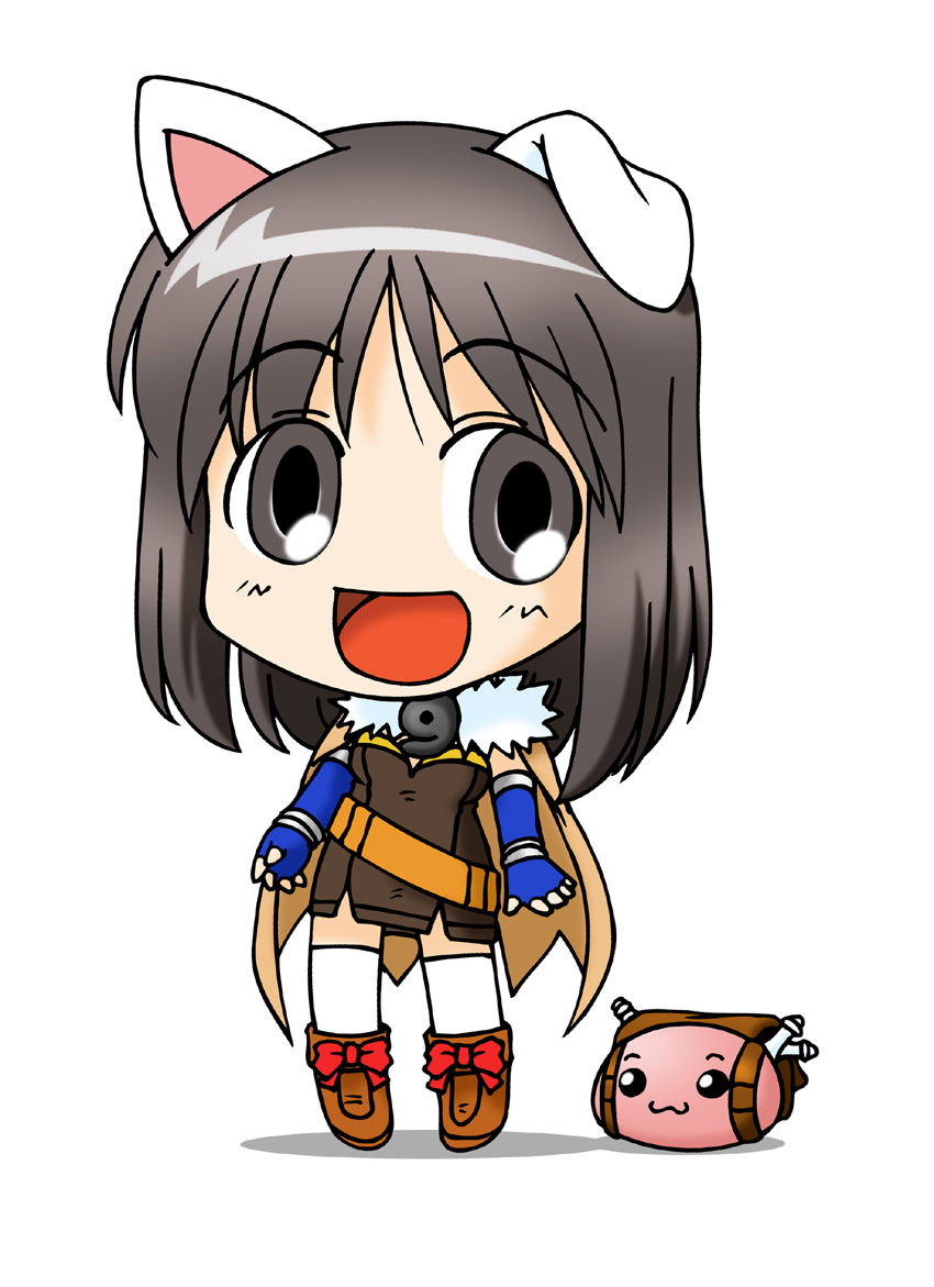 1girl, 2000s_(style), :3, :d, alchemist_(ragnarok_online), alchemist_(ragnarok_online)_(cosplay), animal_ears, azumanga_daioh, blue_gloves, boots, brown_boots, brown_cape, brown_dress, cape, cat_ears, cat_girl, chibi, chibi_only, commentary_request, cosplay, dress, elbow_gloves, fingerless_gloves, full_body, fur_collar, gloves, grey_eyes, grey_hair, kasuga_ayumu, looking_at_viewer, medium_hair, nagisuke, open_mouth, poring, ragnarok_online, simple_background, slime_(creature), smile, solo, standing, thigh-highs, white_background, white_thighhighs