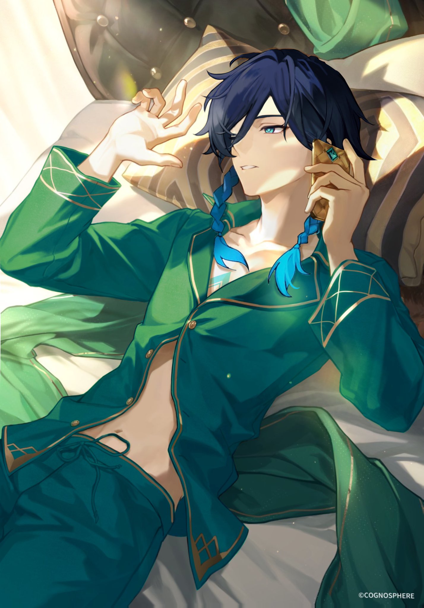 1boy, aventurine_(honkai:_star_rail), aventurine_(honkai:_star_rail)_(cosplay), black_hair, blue_hair, braid, commentary, cosplay