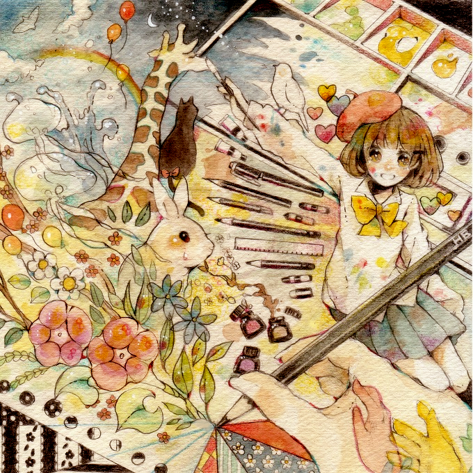barrette, bird, brown_eyes, brown_hair, bunny, flower, giraffe, ichiko_(hanakasu), oekaki_musume, original, paint, paintbrush, palette, pencil, rabbit, short_hair, skirt, solo