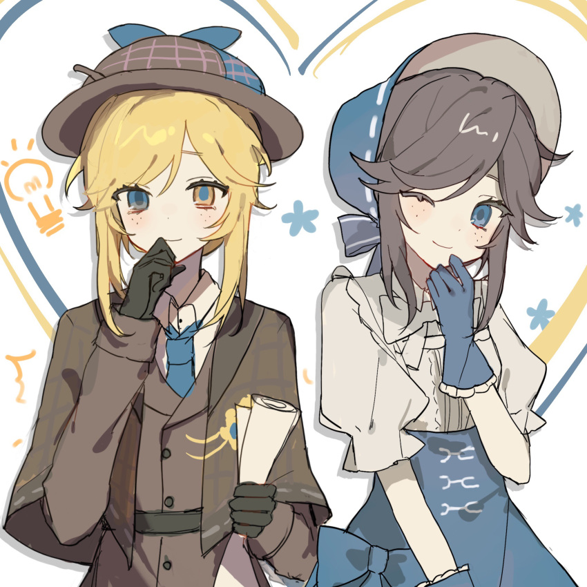 1girl, black_gloves, blonde_hair, blue_bow, blue_bowtie, blue_eyes, blue_gloves, blue_necktie