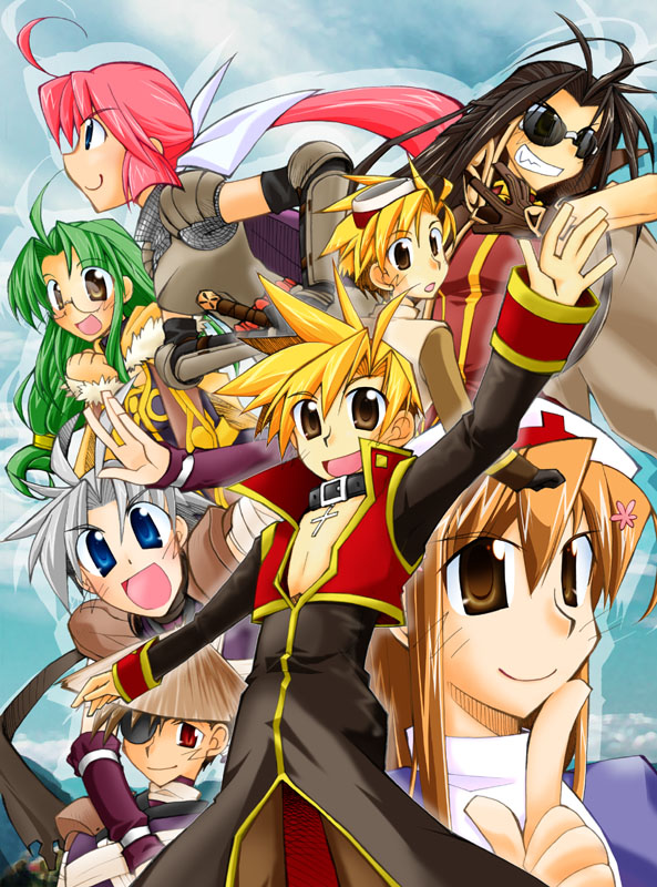 2000s_(style), 3girls, 5boys, acolyte_(ragnarok_online), ahoge, armor, assassin_(ragnarok_online), black_coat, blonde_hair, blue_eyes, brown_eyes, brown_hair, brown_pants, closed_mouth, coat, comiket_69, commentary_request, cover, cover_page, cowboy_shot, doujin_cover, eyepatch, green_hair, grey_hair, grin, hat, index_finger_raised, junkboy21, knight_(ragnarok_online), long_hair, looking_at_viewer, multiple_boys, multiple_girls, nurse_cap, open_mouth, pants, pauldrons, pink_hair, priest_(ragnarok_online), purple_shirt, ragnarok_online, red_eyes, red_shirt, red_vest, shirt, short_hair, shoulder_armor, smile, spiky_hair, sunglasses, vest, white_hat, wizard_(ragnarok_online)