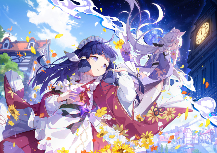 2girls, apron, blue_hair, blue_sky, blunt_tresses, character_request, clock, clock_tower