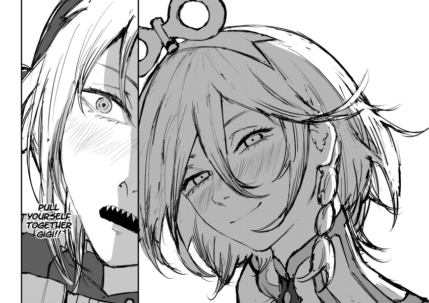 2girls, absurdres, blush, cecilia_immergreen, cecilia_immergreen_(1st_costume), chainsaw_man, closed_mouth, english_text