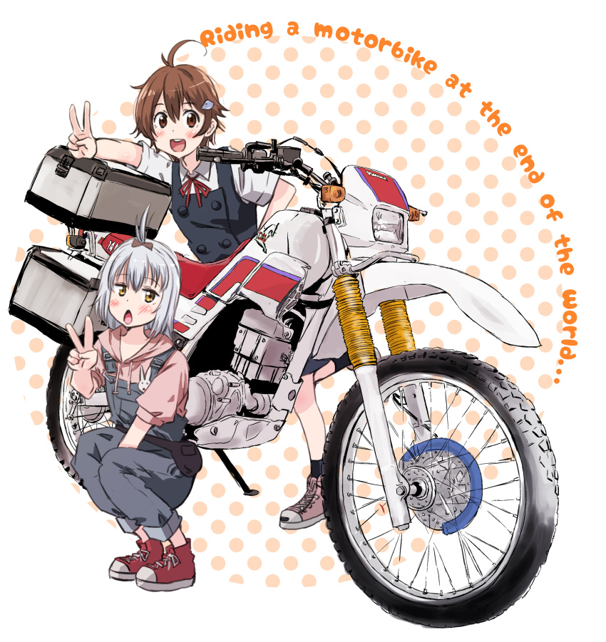 2girls, absurdres, ahoge, airi_(shuumatsu_touring), animal_hair_ornament, black_vest, brown_eyes, brown_hair