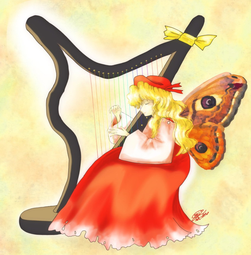 1girl, blonde_hair, closed_eyes, closed_mouth, detached_sleeves, dress, harp, hat