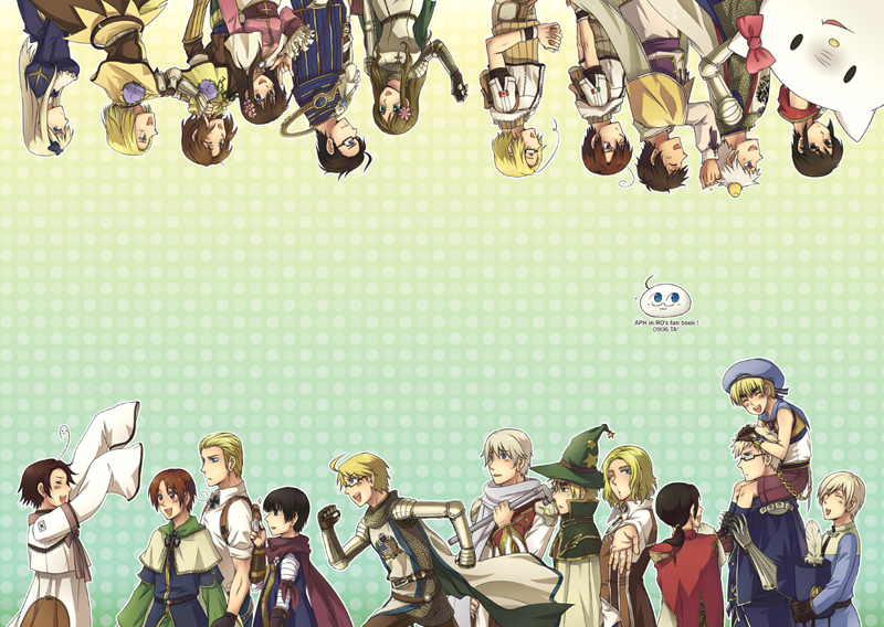 3girls, 6+boys, acolyte_(ragnarok_online), acolyte_(ragnarok_online)_(cosplay), america_(hetalia), american_flag, animal_on_head, armor