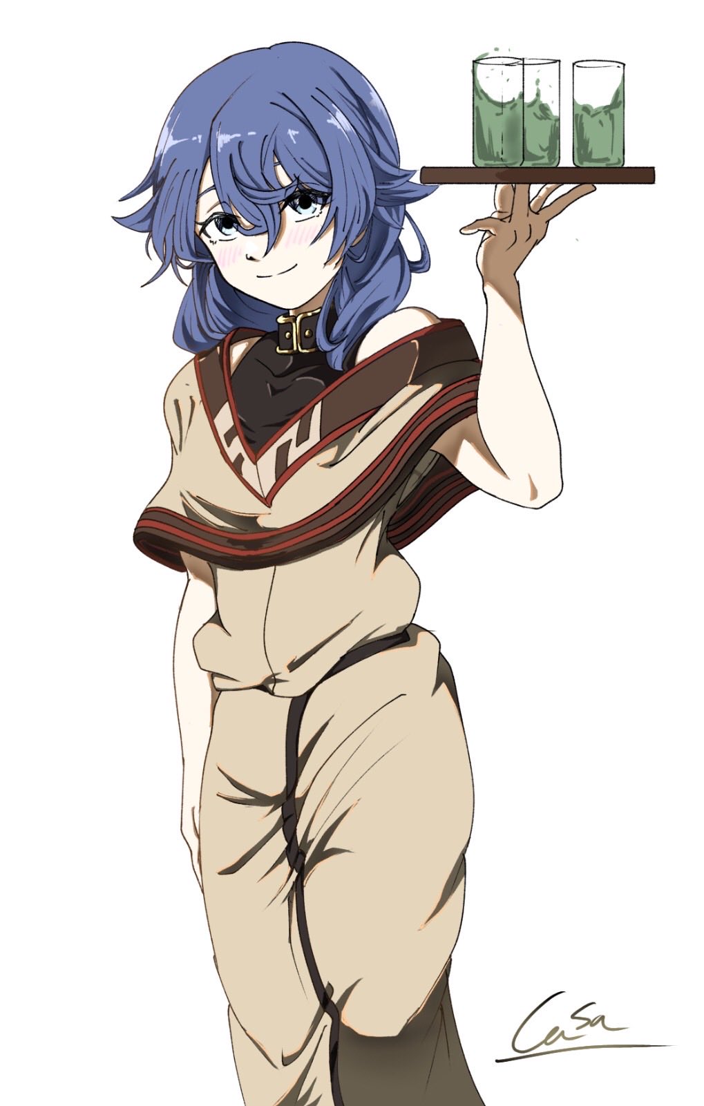 1girl, blue_eyes, blue_hair, cup, drinking_glass, green_juice, highres, holding