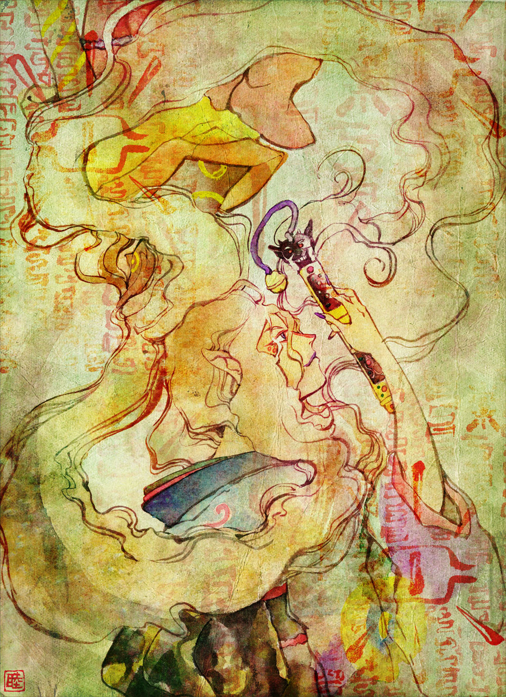 2boys, bad_id, blonde_hair, dual_persona, facial_mark, highres, kusuriuri_(dark), kusuriuri_(mononoke)