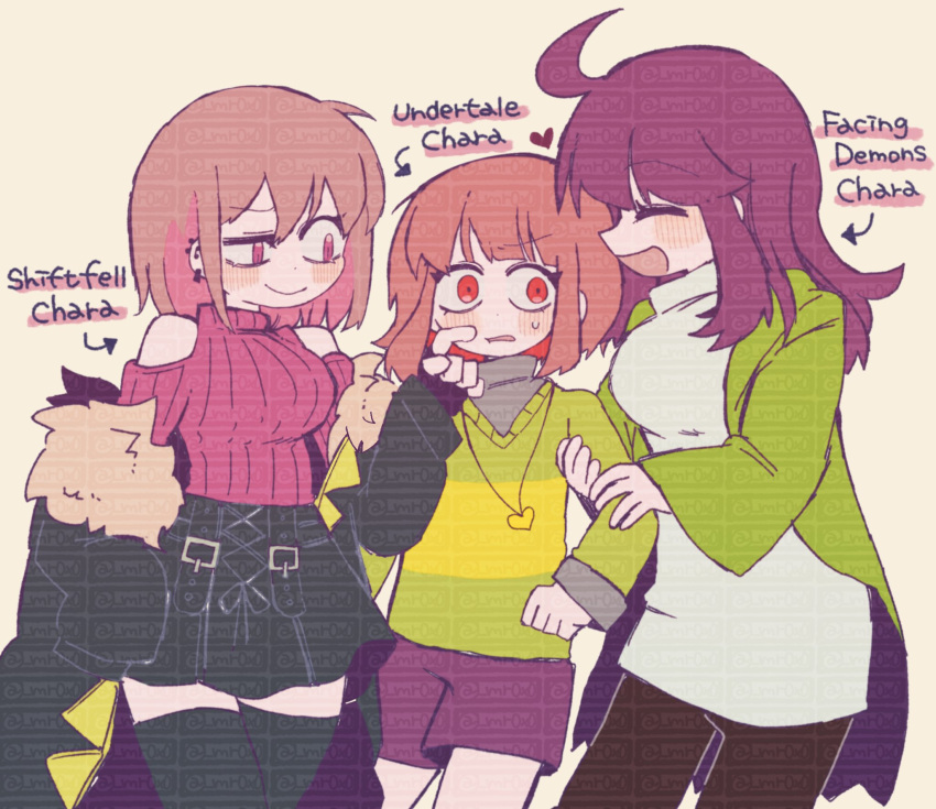 3girls, alternate_universe, blush, brown_hair, chara_(undertale), genderswap, genderswap_(otf), highres