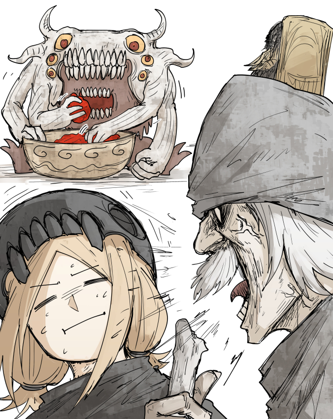 1boy, 1girl, :i, anger_vein, angry, blonde_hair, blot_plot, bowl