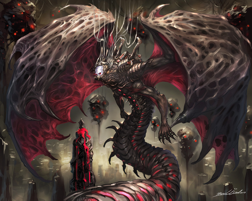 1boy, armor, ars_goetia, bat_wings, biomechanical, body_horror, bug, cable_hair