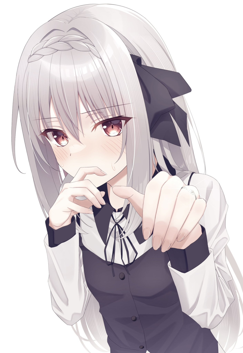1girl, black_bow, black_ribbon, black_vest, blush, bow, braid, collared_shirt