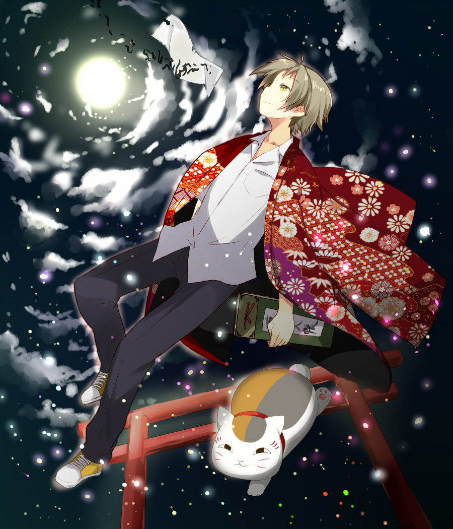 brown_hair, cat, floral_print, full_moon, haori, japanese_clothes, light_particles, madara_(natsume_yuujinchou)