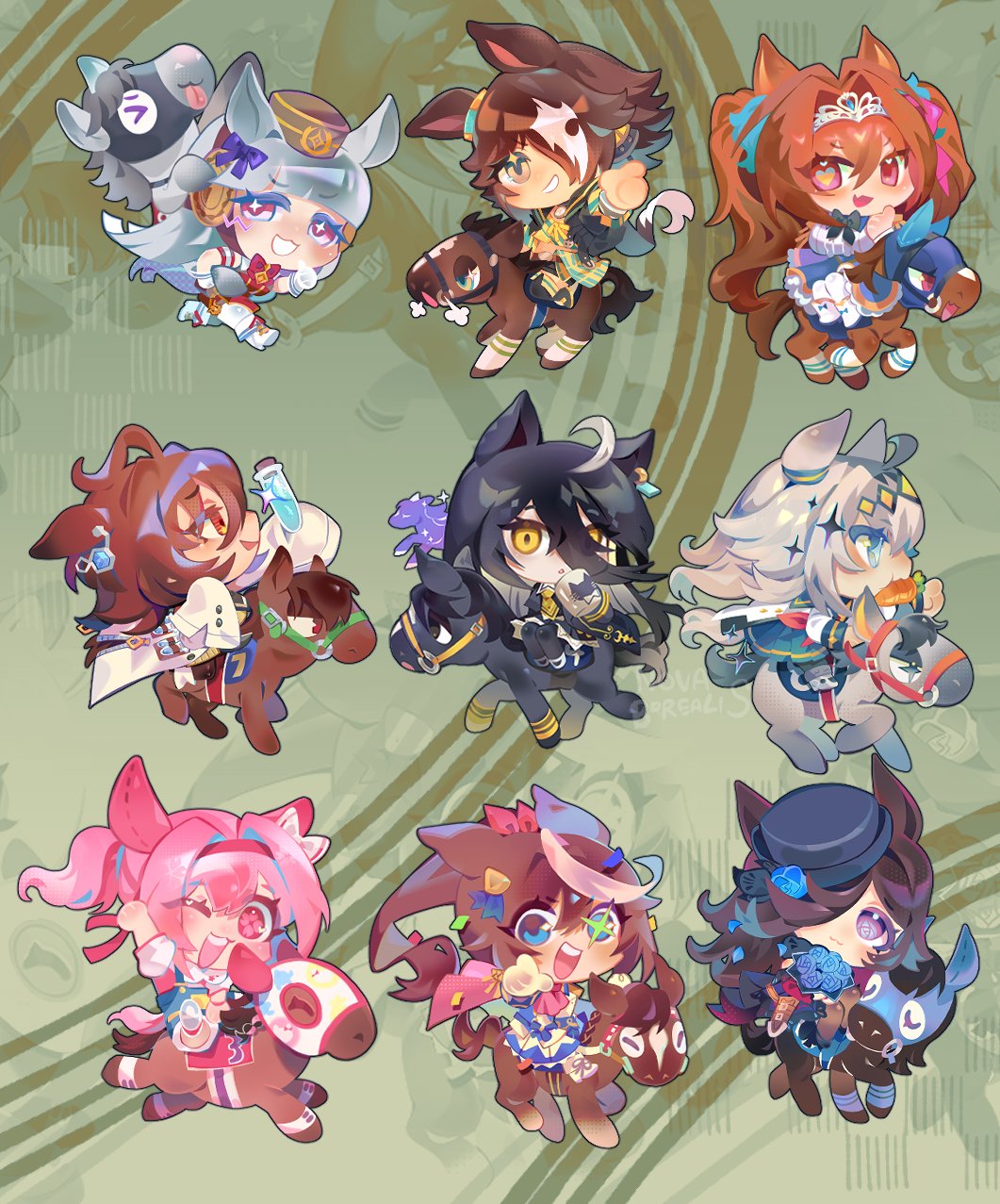 >_<, 6+girls, agnes_tachyon_(racehorse), agnes_tachyon_(tach-nology)_(umamusume), agnes_tachyon_(umamusume), ahoge, animal_ears, arm_up