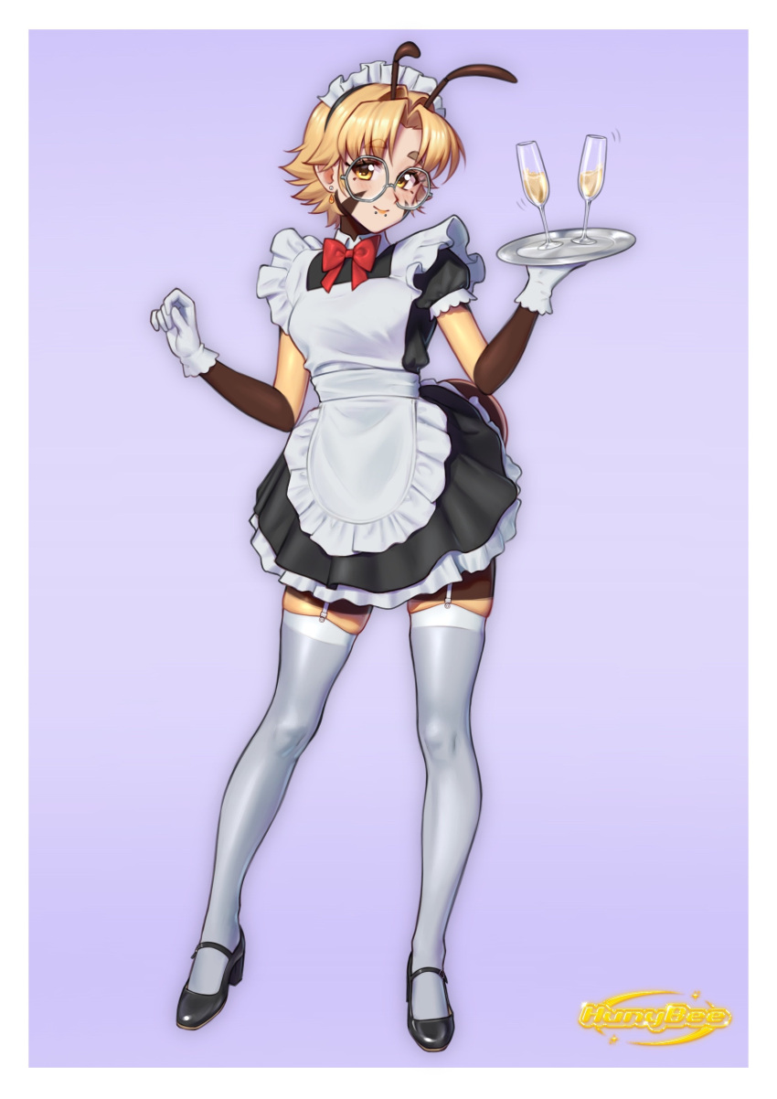 1girl, absurdres, alcohol, arthropod_girl, artist_name, bee_girl, black_shoes, blonde_hair, brown_eyes, commentary, cup, drinking_glass, english_commentary, face_piercing, full_body, garter_straps, glasses, gloves, grey-framed_eyewear, high_heels, highres, holding, holding_tray, hunybee, looking_at_viewer, maid, maid_headdress, mouth_piercing, original, piercing, round_eyewear, shoes, short_hair, short_sleeves, skindentation, solo, thigh-highs, tray, white_gloves, white_thighhighs, wine, wine_glass
