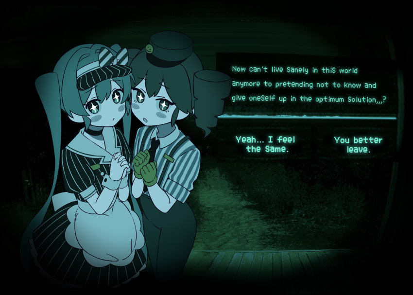 +_+, 2girls, blush_stickers, crossover, dress, drill_hair, english_text, fake_screenshot