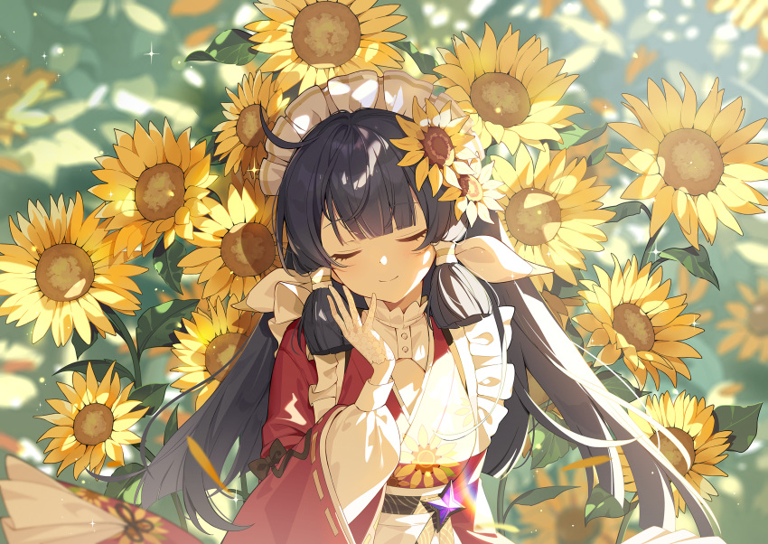 1girl, ahoge, black_hair, blunt_tresses, blurry, blurry_background, closed_eyes, closed_mouth