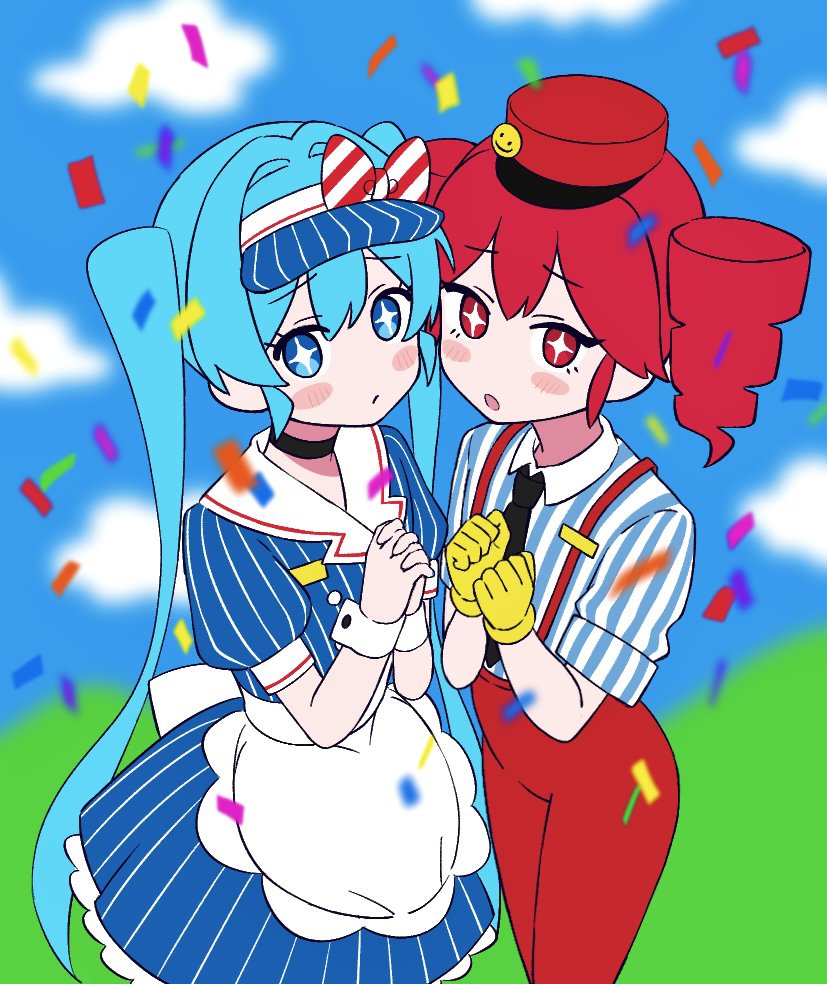 +_+, 2girls, :o, black_choker, black_necktie, blue_dress, blue_eyes, blue_hair